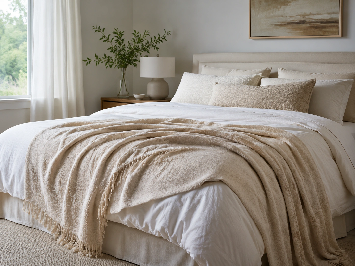 Light bedding styled for a warm night bedroom